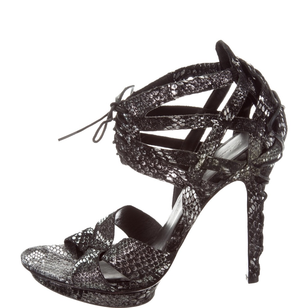 Silver-tone- black embossed suede sandals with covered heels w/lace-up closures